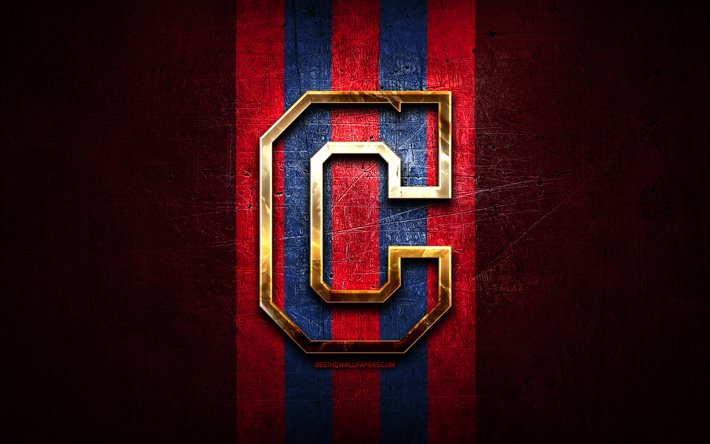 Cleveland Indians emblem, MLB, golden emblem, red metal background, american baseball team, Major League Baseball, baseball, Cleveland Indians