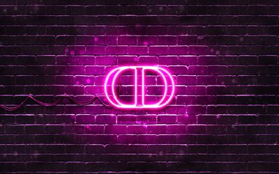 Christian Dior violetti logo, 4k, violetti tiiliseinä, Christian Dior logo, muotimerkit, Christian Dior neonlogo, Christian Dior