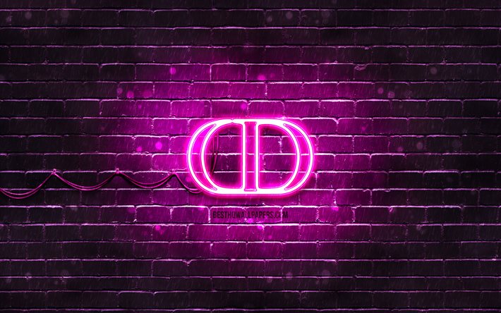 Christian Dior violetti logo, 4k, violetti tiilisein&#228;, Christian Dior logo, muotimerkit, Christian Dior neonlogo, Christian Dior