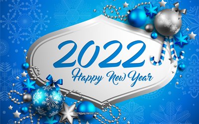 Hyv&#228;&#228; uutta vuotta 2022, 4k, joulutausta palloilla, 2022 uusivuosi, siniset joulupallot, 2022 sininen tausta, 2022 joulun tausta, 2022 konseptit, 2022 onnittelukortti