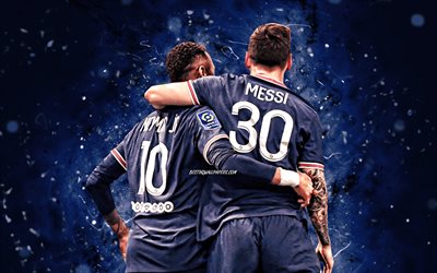 Her ve Messi, 4k, 2021, PSG, futbol yıldızları, mavi neon ışıkları, futbol, 1 İzle, Neymar JR, Lionel Messi, Paris Saint-Germain, Neymar Messi 4K, Lionel Messi PSG, Neymar PSG