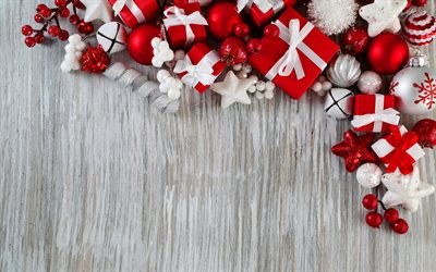 decoraciones de navidad, 4k, regalos, Feliz A&#241;o Nuevo, Feliz Navidad, fondo de madera, decoraciones de color rojo, navidad, A&#241;o Nuevo