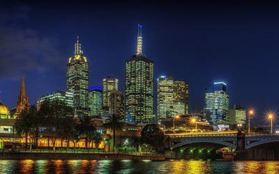 Melbourne, g&#246;kdelenler, gece, şehir ışıkları, modern mimari, Avustralya