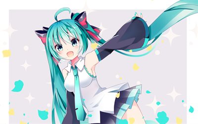 Hatsune Miku, 4k, green hair, anime characters, manga, Vocaloid