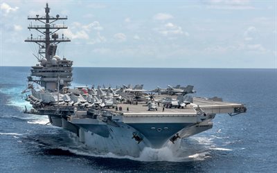 USS Ronald Reagan, CVN-76, American aircraft carrier, Nimitz, 4k, US Navy, military aircraft, deck fighter aircraft