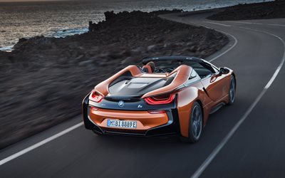 BMW i8 Roadster, 2018, naranja cabriolet, nuevo i8, la carretera, la velocidad, el BMW