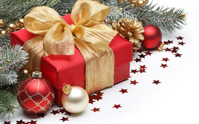 A&#241;o nuevo, regalos, rojo bolas de Navidad, Navidad, oro lazo de seda