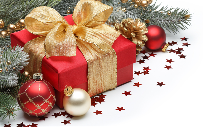 新年, 贈り物, 赤いクリスマスボール, クリスマス, ゴールデンシルク弓