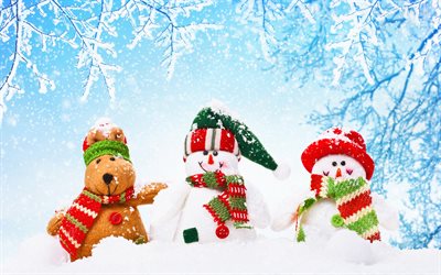 invierno, nieve, mu&#241;ecos de nieve, ciervos, juguetes de peluche, Navidad, A&#241;o Nuevo