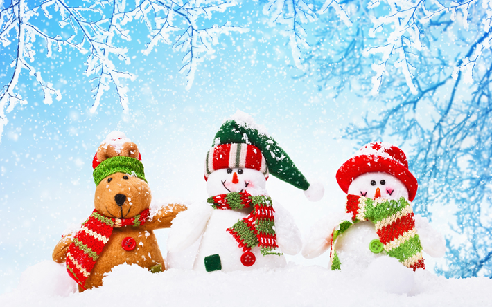 inverno, neve, pupazzi di neve, cervi, giocattoli di peluche, Natale, Nuovo Anno