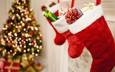 la navidad calcet&#237;n, 4k, regalos, Feliz A&#241;o Nuevo, Feliz Navidad, decoraciones de navidad, navidad, A&#241;o Nuevo