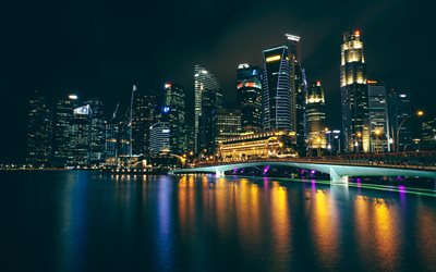 4k, Singapore, metropolis, nightscapes, embankment, skyscrapers, Asia