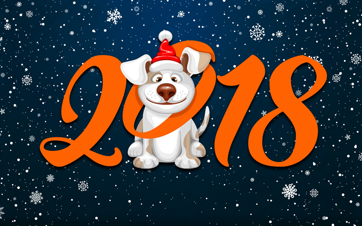 Happy New Year 2018, dog, snowflakes, year of dog, Christmas 2018, creative, New Year 2018, xmas, Christmas