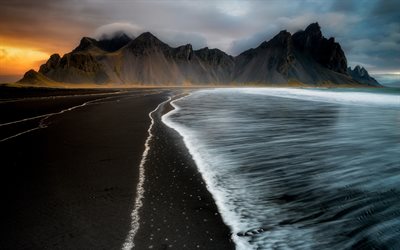 Vestrahorn, 4k, coast, mountains, sunset, waves, Iceland