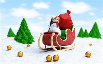 Merry Christmas, 3d snowman, winter landscape, snow, Christmas, New Year, 3d Christmas tree, forest, sleigh, gifts
