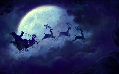 Santa Claus, luna, noche, cielo, Renos Carro, A&#241;o Nuevo, Navidad, Santa