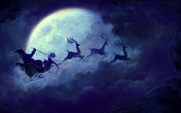 Santa Claus, kuu, y&#246;, taivas, Poro Chariot, Uusi Vuosi, Joulu, Santa