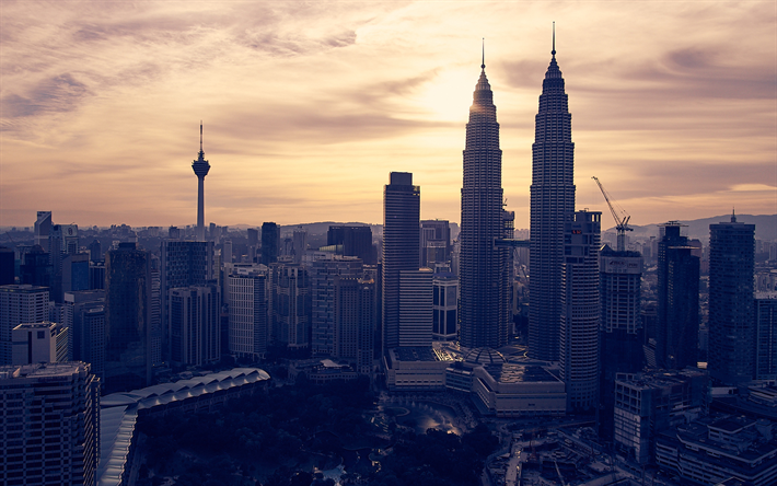 4k, ペトロナスタワー, 夕日, 近代建築, 高層ビル群, クアラルンプール, アジア, マレーシア
