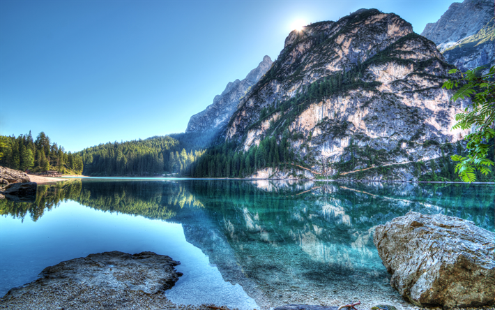 Alps, 4k, blue lake, summer, mountains, HDR, Europe
