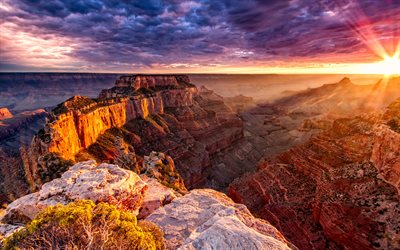 4k, Grand Canyon, sunset, cliffs, american landmarks, Grand Canyon National Park, America, USA