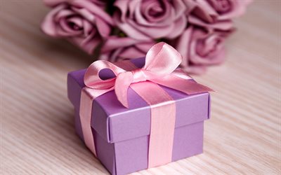 violet bo&#238;te de cadeau, Nouvelle Ann&#233;e, No&#235;l, rose, ruban de soie, arc