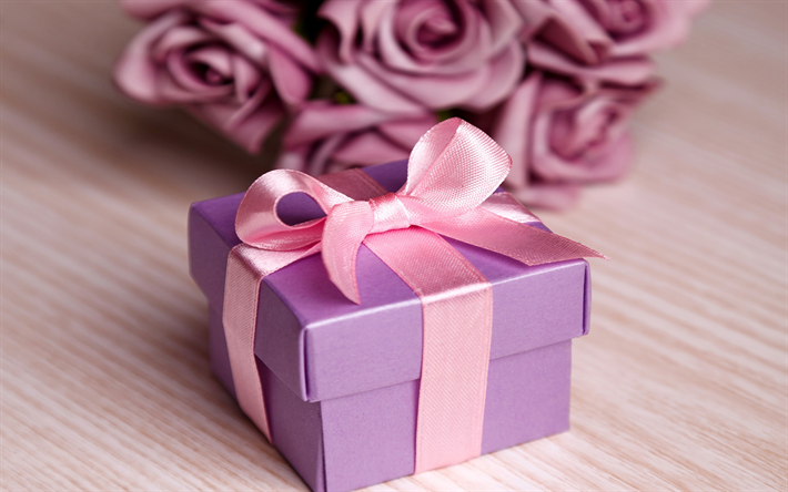 p&#250;rpura caja de regalo, A&#241;o Nuevo, Navidad, rosa de seda de la cinta, arco