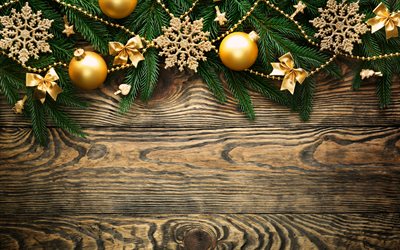 4k, christmas decorations, Happy New Year, Merry Christmas, wooden background, golden decorations, xmas, christmas, New Year