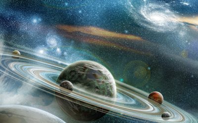 sci-fi, saturnus, 4k, aurinkokunnan, t&#228;hdet, galaxy, planeetat, maailmankaikkeus
