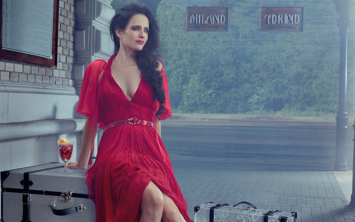 Eva Green, red dress, photosession, train station, suitcase, French actress, Hollywood star, fashion model