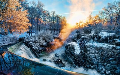 winter, morning, sunrise, waterfall, forest, river, Germany, fog, snow