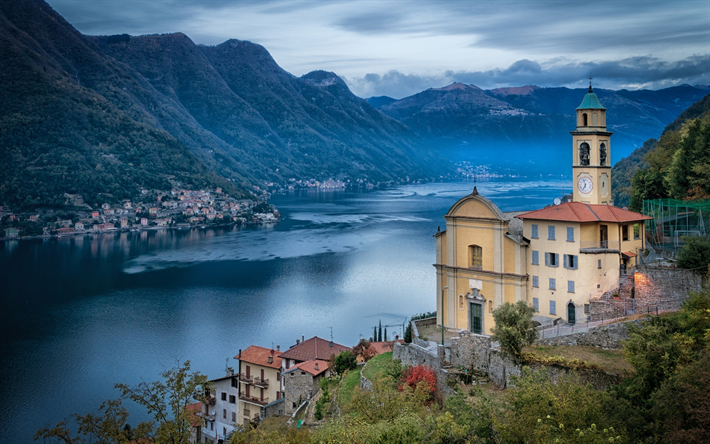 O Lago De Como, It&#225;lia, paisagem de montanha, grande lago, igreja, Pognana Lario