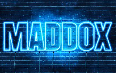 Maddox, 4k, 壁紙名, テキストの水平, Maddox名, 青色のネオン, 写真Maddox名