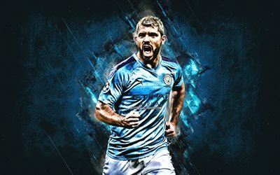 Sergio Aguero, portrait, Manchester City FC, footballeur Argentin, pierre bleue d&#39;arri&#232;re-plan, Premier League, le football, l&#39;Angleterre