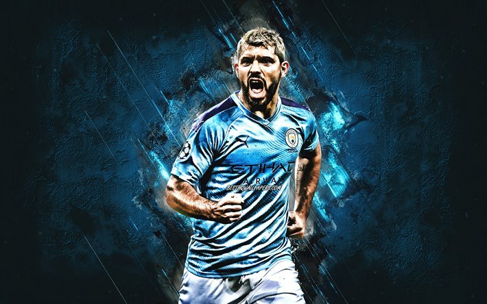 Sergio Aguero, portrait, Manchester City FC, Argentine footballer, blue stone background, Premier League, football, England