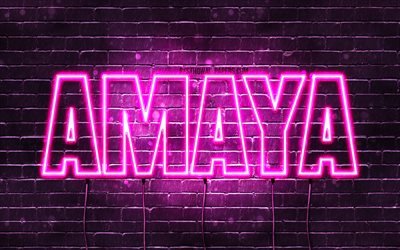 Amaya, 4k, taustakuvia nimet, naisten nimi&#228;, Amaya nimi, violetti neon valot, vaakasuuntainen teksti, kuva Amaya nimi