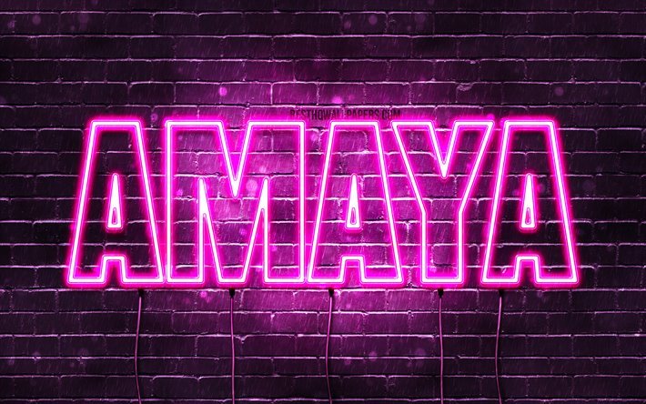 Amaya, 4k, wallpapers with names, female names, Amaya name, purple neon lights, horizontal text, picture with Amaya name