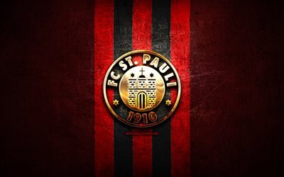 FC St Pauli, logo dorato, Bundesliga 2, rosso, metallo, sfondo, calcio, St Pauli FC, squadra di calcio tedesca, FC St Pauli logo, Germania