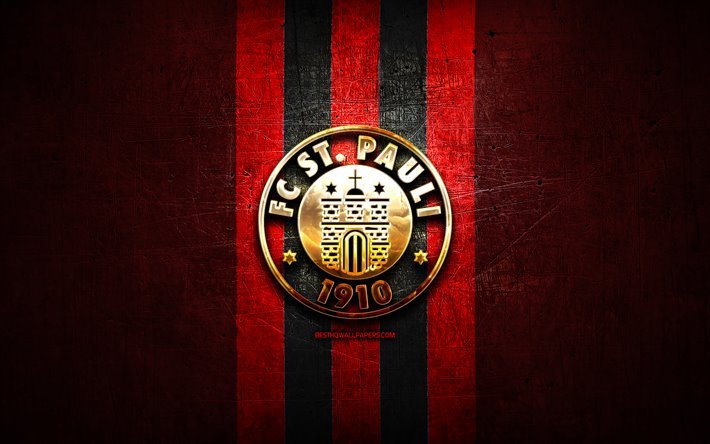 FC St Pauli, logo dorato, Bundesliga 2, rosso, metallo, sfondo, calcio, St Pauli FC, squadra di calcio tedesca, FC St Pauli logo, Germania