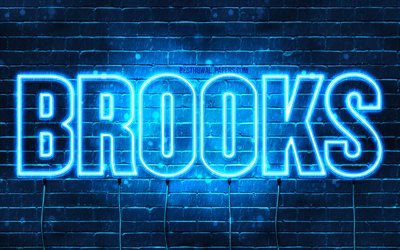 Brooks, 4k, wallpapers with names, horizontal text, Brooks name, blue neon lights, picture with Brooks name