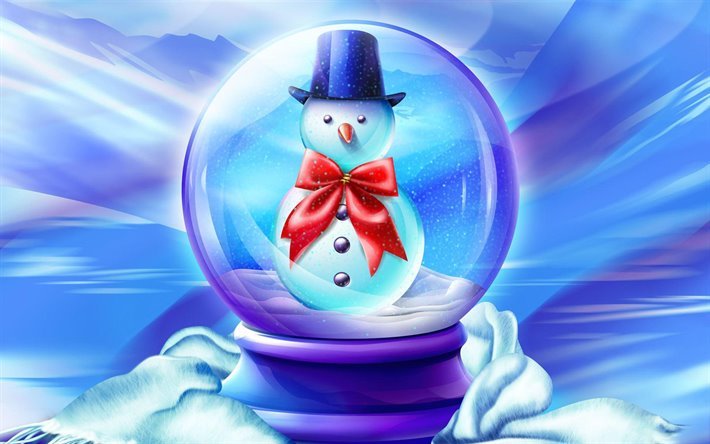 pupazzo di neve in sfera di vetro, arte 3D, decorazioni di natale, invernali, natale, sfondi di natale, concetti, happy new year, pupazzo di neve, decorazioni, sfondo con pupazzo di neve