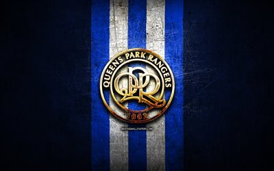 Queens Park Rangers FC, de oro logotipo, EFL Campeonato, azul metal de fondo, el f&#250;tbol, el Queens Park Rangers, club de f&#250;tbol ingl&#233;s, Queens Park Rangers, logotipo, f&#250;tbol, Inglaterra