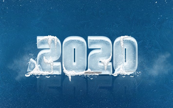 2020 winter background, blue ice texture, blue winter background, Happy New Year 2020, ice letters, 2020 concepts, 2020 New Year
