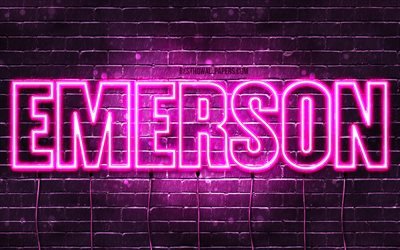 Emerson, 4k, tapeter med namn, kvinnliga namn, Emerson namn, lila neon lights, &#246;vergripande text, bild med Emerson namn