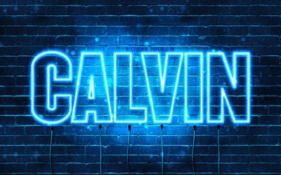 Calvin, 4k, les papiers peints avec les noms, le texte horizontal, Calvin nom, bleu n&#233;on, une photo avec le nom de Calvin