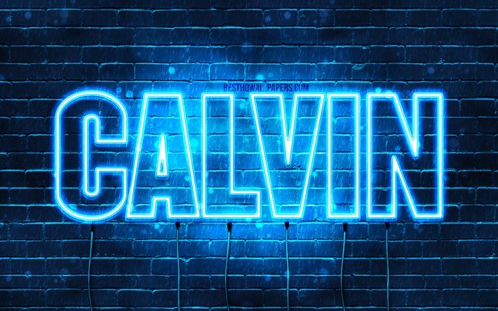 Calvin, 4k, taustakuvia nimet, vaakasuuntainen teksti, Calvin nimi, blue neon valot, kuva Calvin nimi