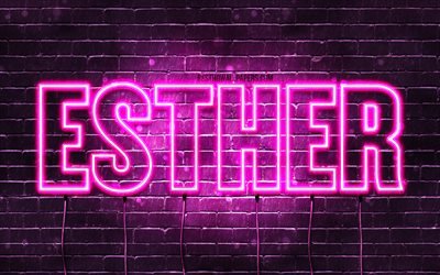 Esther, 4k, taustakuvia nimet, naisten nimi&#228;, Esther nimi, violetti neon valot, vaakasuuntainen teksti, kuva Esther nimi