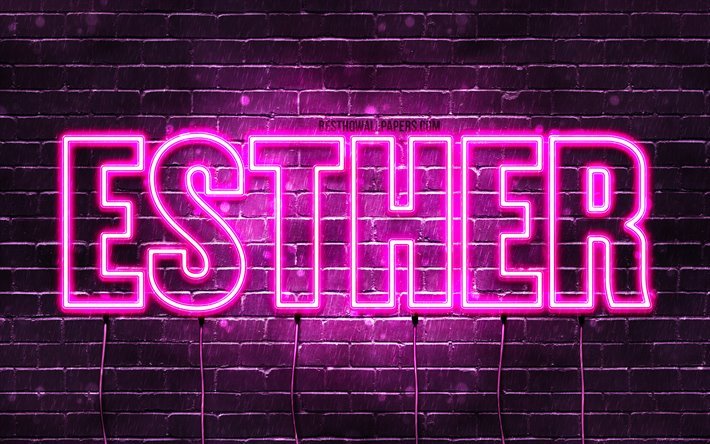 Esther, 4k, wallpapers with names, female names, Esther name, purple neon lights, horizontal text, picture with Esther name