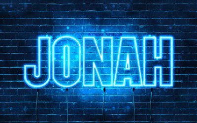Jonah, 4k, isim Yunus ismi ile, yatay metin, Jonah adını, mavi neon ışıkları, resimli duvar kağıtları