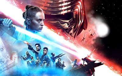 Star Wars, A Ascens&#227;o do Skywalker, 2019, 4k, cartaz, materiais promocionais, personagens principais, Daisy Ridley, Mark Hamill, John Boyega