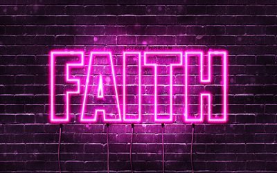 La foi, 4k, des fonds d&#39;&#233;cran avec des noms, des noms de femmes, nom de la Foi, de violet, de n&#233;ons, le texte horizontal, image avec le nom de la Foi